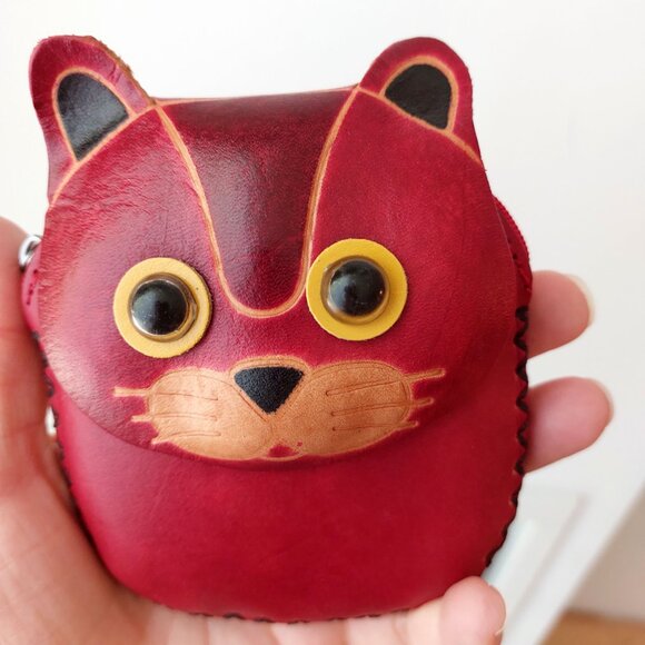 Genuine leather coin wallet purse - animal face cat racoon bear keyring wristlet - Picture 4 of 6